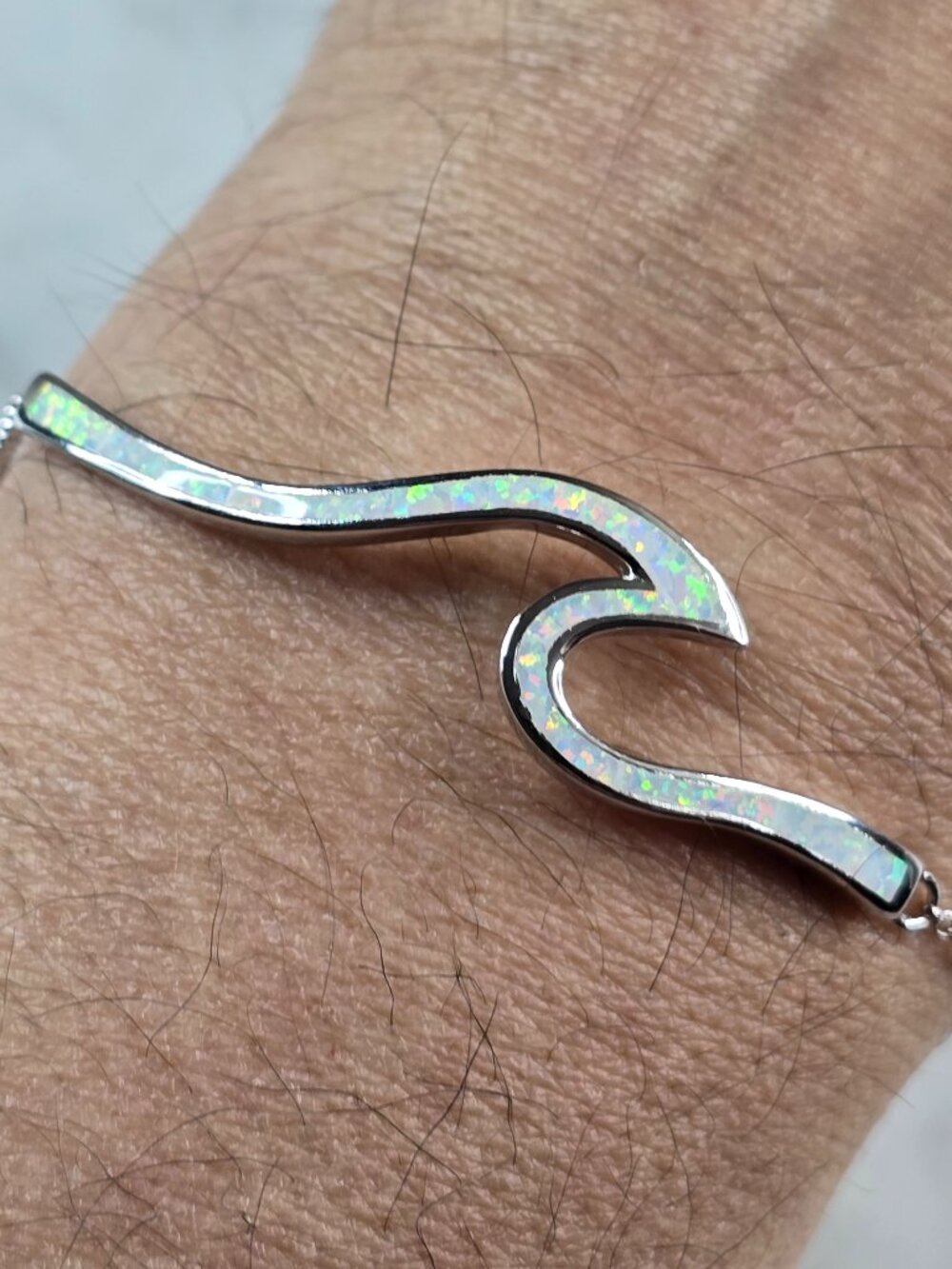 Womens Sterling Silver Opal Tsunami Wave Adjustable Bracelet 8.4g E838